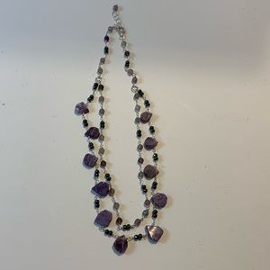 2 Layer Link Purple Stones With Beads Chain Necklace Approximately 16inches Used
